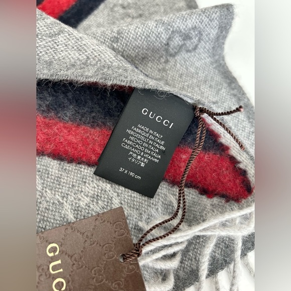 New With Tags Gucci Nikky Wool Alpaca Monogram Web light Gray Scarf Shawl Fringe - Picture 4 of 12